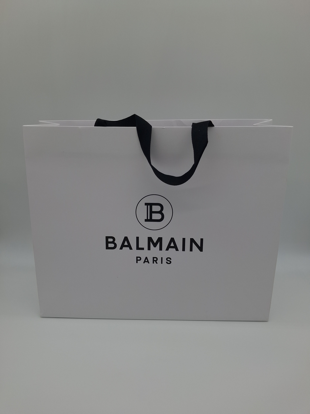 BALMAIN PARIS Large White Black Logo Luxury Shopping Gift Bag Ribbon Handles EUC